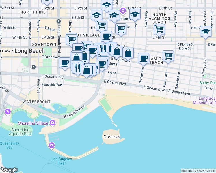 map of restaurants, bars, coffee shops, grocery stores, and more near 850 East Ocean Boulevard in Long Beach