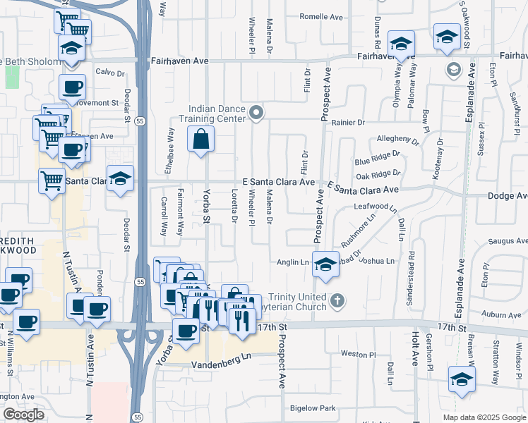 map of restaurants, bars, coffee shops, grocery stores, and more near 13591 Malena Drive in Tustin