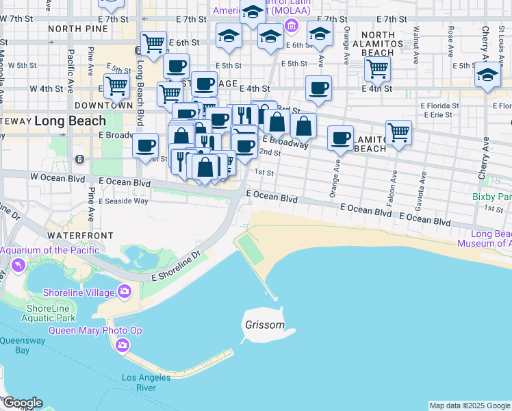 map of restaurants, bars, coffee shops, grocery stores, and more near 850 East Ocean Boulevard in Long Beach
