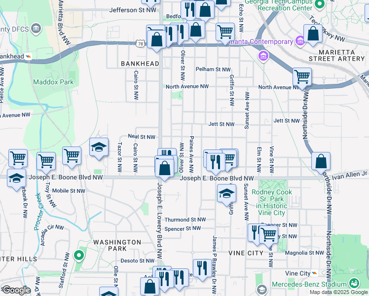 map of restaurants, bars, coffee shops, grocery stores, and more near 405 Oliver Street Northwest in Atlanta