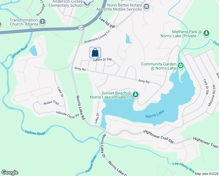map of restaurants, bars, coffee shops, grocery stores, and more near 955 Lake Drive in Snellville