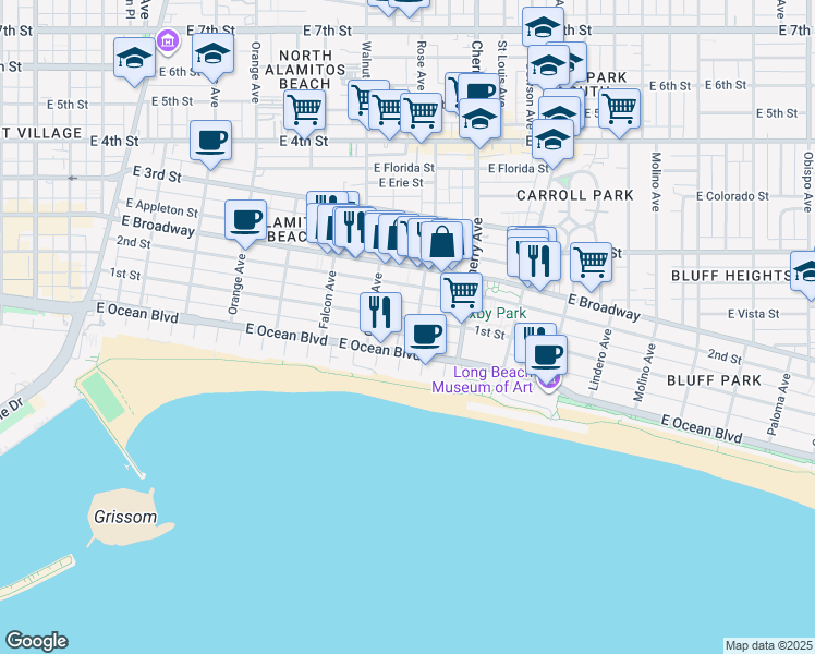 map of restaurants, bars, coffee shops, grocery stores, and more near in Long Beach