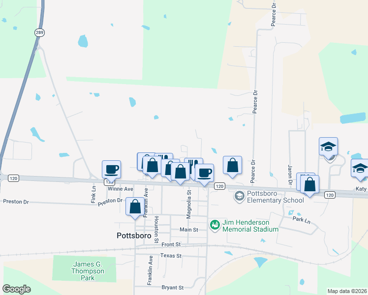 map of restaurants, bars, coffee shops, grocery stores, and more near 310 Jones Circle in Pottsboro