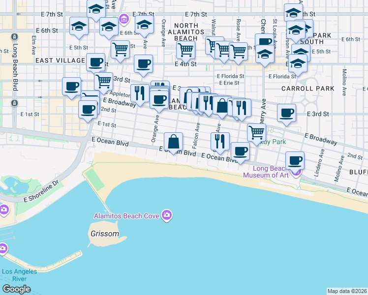 map of restaurants, bars, coffee shops, grocery stores, and more near 1401 East Ocean Boulevard in Long Beach