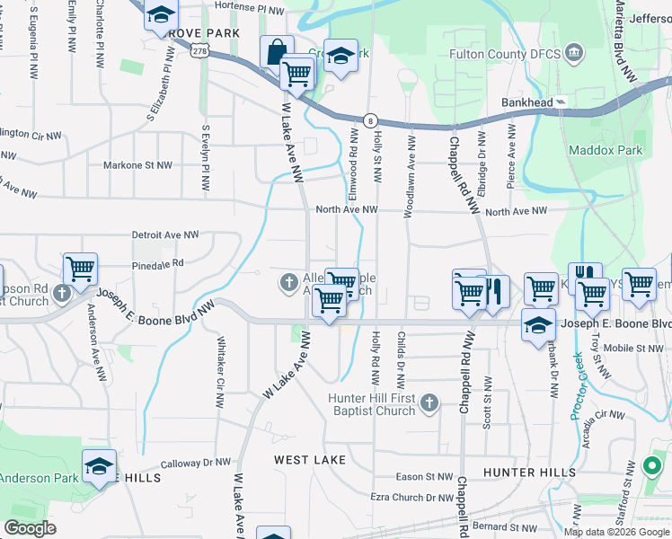 map of restaurants, bars, coffee shops, grocery stores, and more near Lanier Street Northwest in Atlanta
