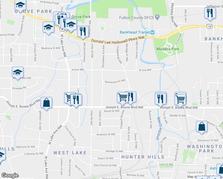 map of restaurants, bars, coffee shops, grocery stores, and more near 1410 Conway Place Northwest in Atlanta