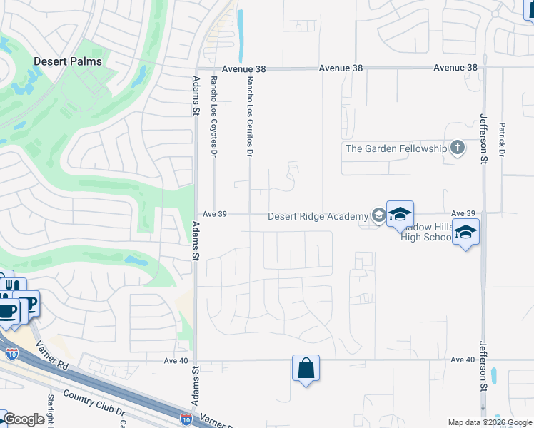map of restaurants, bars, coffee shops, grocery stores, and more near 79398 Avenue 39 in Indio