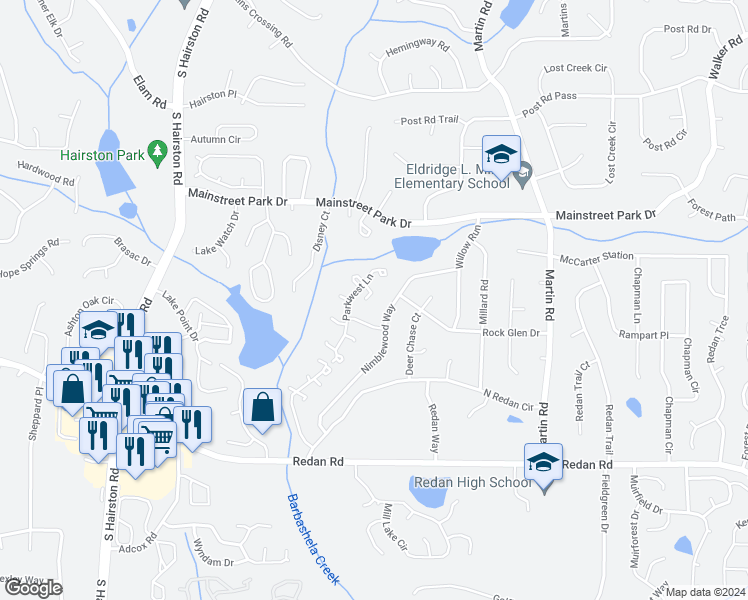 map of restaurants, bars, coffee shops, grocery stores, and more near 4958 Isle Royal Court in Stone Mountain