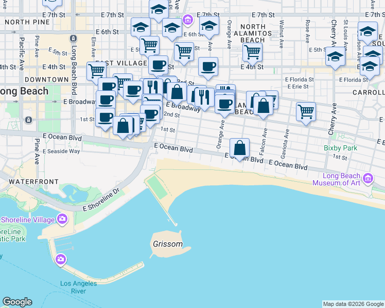 map of restaurants, bars, coffee shops, grocery stores, and more near 23 South 4th Place in Long Beach