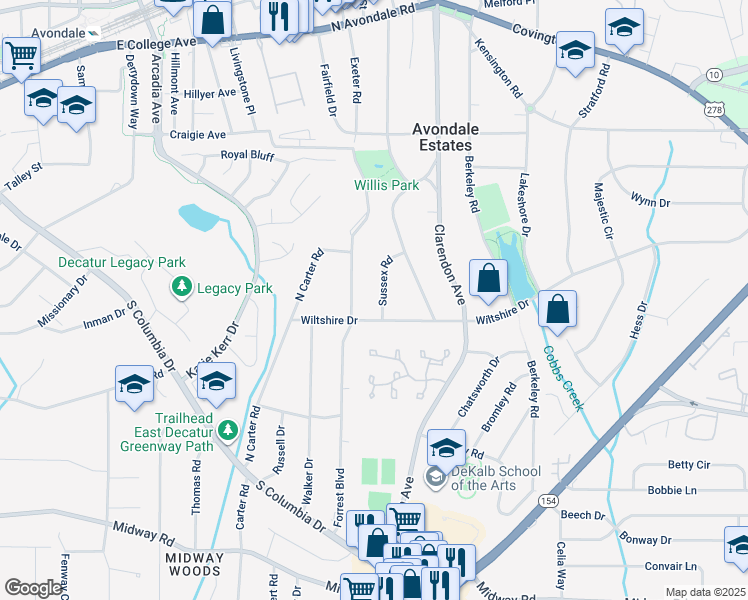 map of restaurants, bars, coffee shops, grocery stores, and more near 18 Wiltshire Drive in Avondale Estates