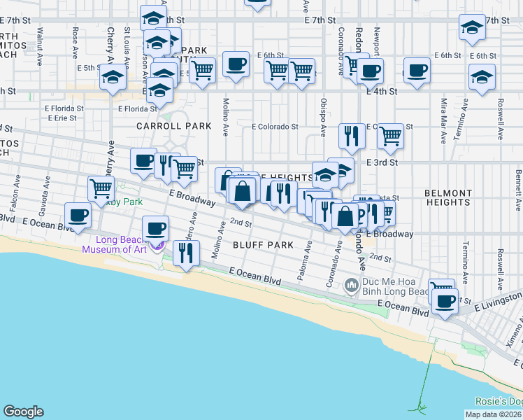 map of restaurants, bars, coffee shops, grocery stores, and more near 2833 2nd Street in Long Beach
