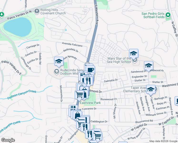 map of restaurants, bars, coffee shops, grocery stores, and more near 28006 South Western Avenue in Rancho Palos Verdes