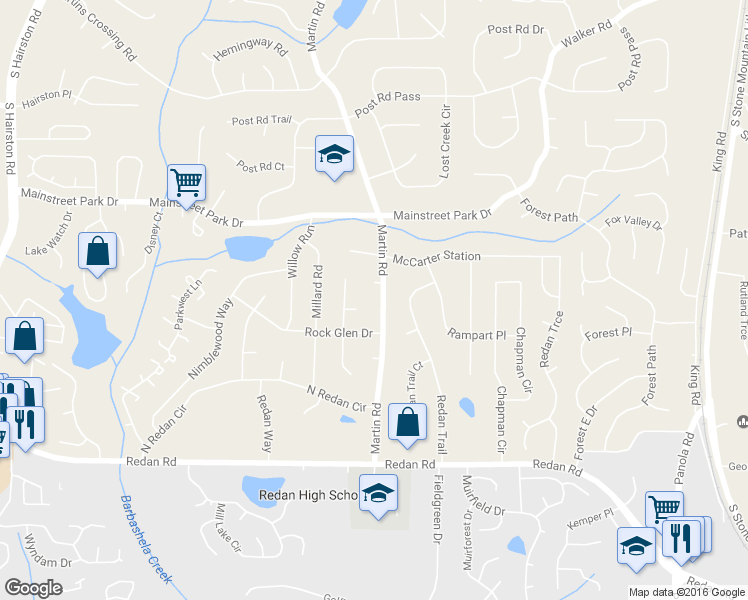 map of restaurants, bars, coffee shops, grocery stores, and more near 1018 Martin Rd in Stone Mountain