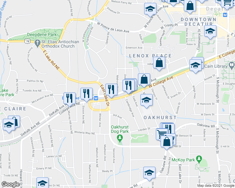 map of restaurants, bars, coffee shops, grocery stores, and more near W Howard Ave & Melrose Ave in Decatur