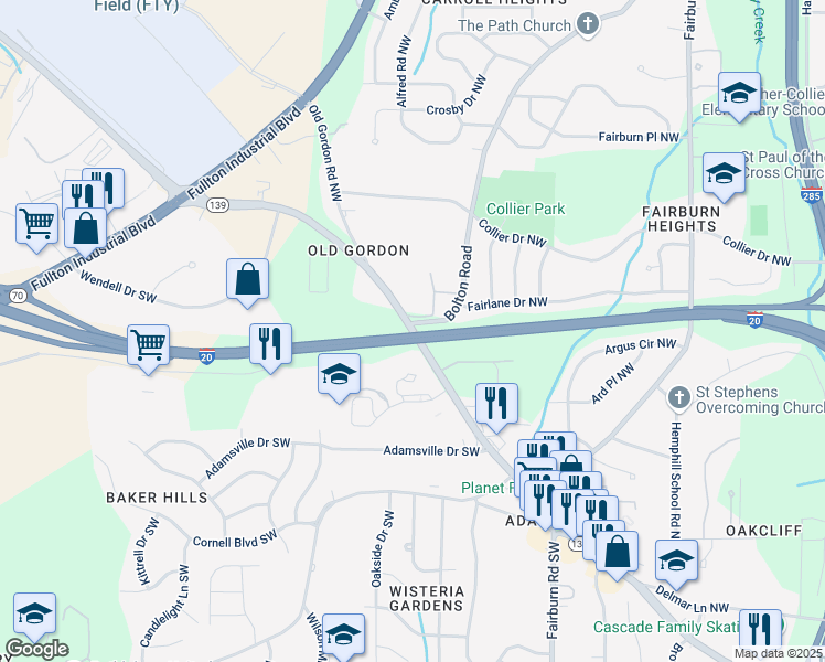 map of restaurants, bars, coffee shops, grocery stores, and more near Martin Luther King Junior Drive Southwest in Atlanta