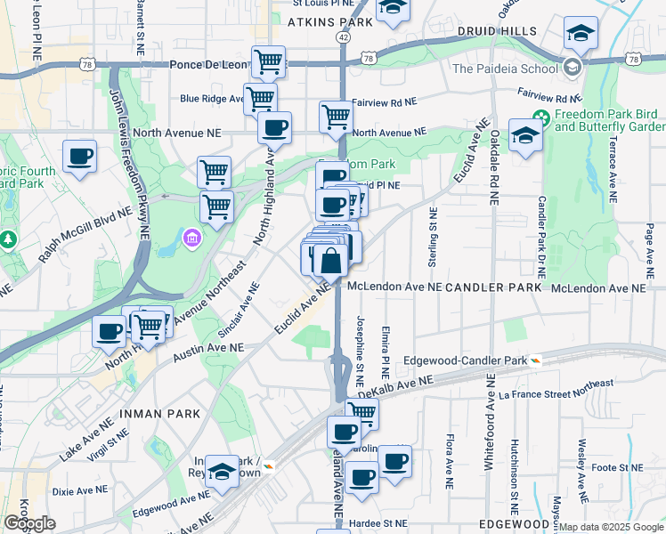map of restaurants, bars, coffee shops, grocery stores, and more near in Atlanta
