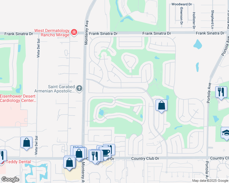 map of restaurants, bars, coffee shops, grocery stores, and more near 73240 Adobe Springs Drive in Palm Desert