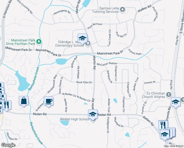 map of restaurants, bars, coffee shops, grocery stores, and more near 1036 Martin Road in Stone Mountain