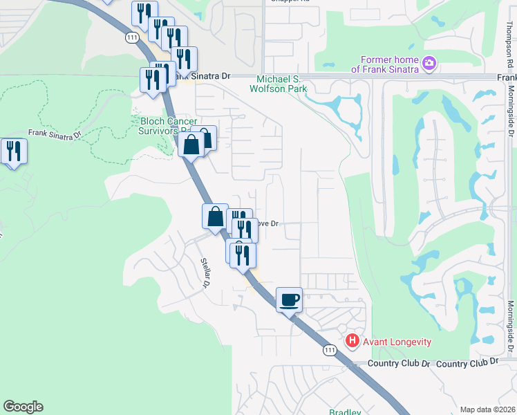 map of restaurants, bars, coffee shops, grocery stores, and more near 70142 Mirage Cove Drive in Rancho Mirage