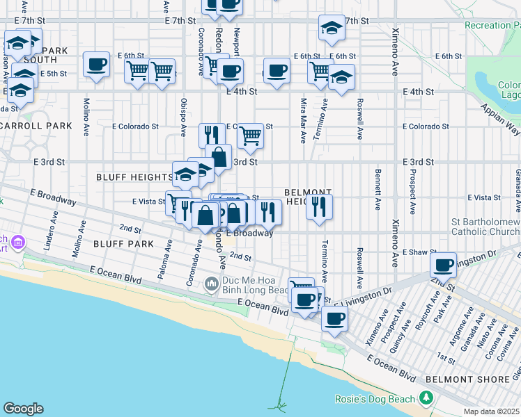 map of restaurants, bars, coffee shops, grocery stores, and more near 231 Loma Avenue in Long Beach
