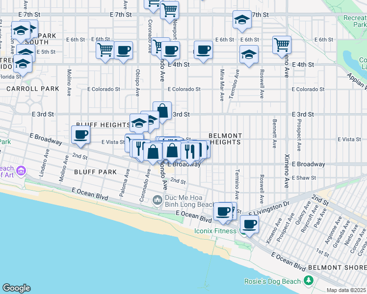map of restaurants, bars, coffee shops, grocery stores, and more near 231 Loma Avenue in Long Beach