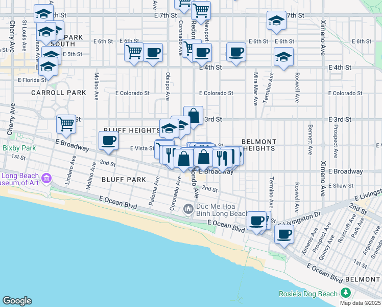 map of restaurants, bars, coffee shops, grocery stores, and more near in Long Beach