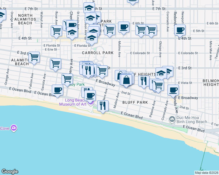map of restaurants, bars, coffee shops, grocery stores, and more near in Long Beach