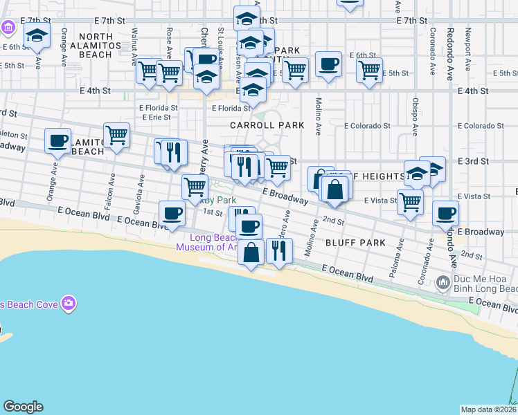 map of restaurants, bars, coffee shops, grocery stores, and more near 2319 East 1st Street in Long Beach