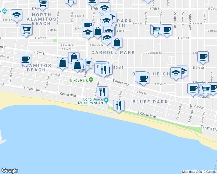 map of restaurants, bars, coffee shops, grocery stores, and more near 2319 East 1st Street in Long Beach