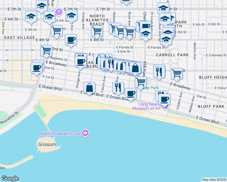 map of restaurants, bars, coffee shops, grocery stores, and more near in Long Beach