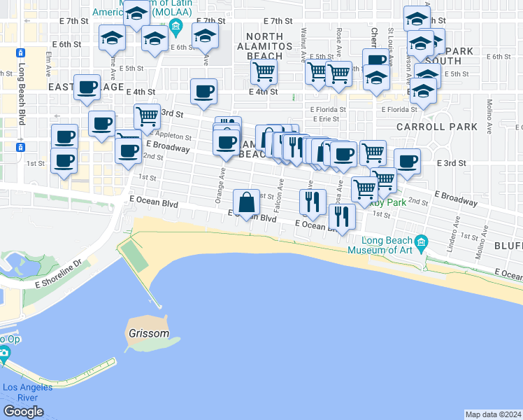map of restaurants, bars, coffee shops, grocery stores, and more near 1400 East Ocean Boulevard in Long Beach