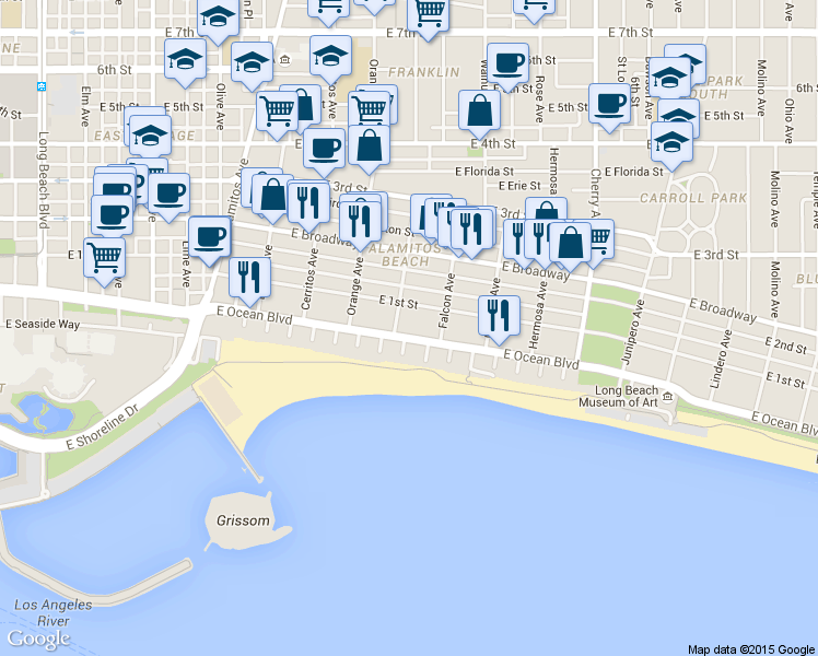 map of restaurants, bars, coffee shops, grocery stores, and more near 1400 East Ocean Boulevard in Long Beach