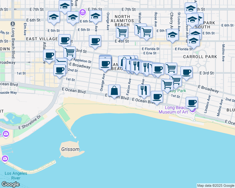 map of restaurants, bars, coffee shops, grocery stores, and more near 1400 East Ocean Boulevard in Long Beach