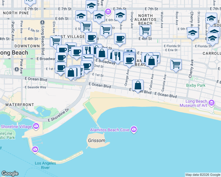 map of restaurants, bars, coffee shops, grocery stores, and more near 23 South 4th Place in Long Beach