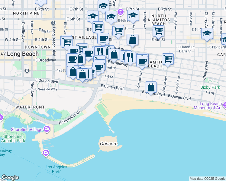 map of restaurants, bars, coffee shops, grocery stores, and more near 1030 East Ocean Boulevard in Long Beach