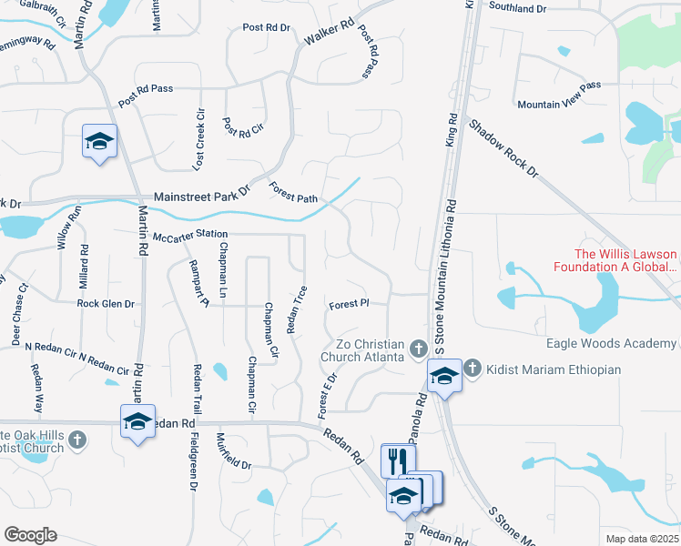 map of restaurants, bars, coffee shops, grocery stores, and more near 975 Fox Valley Trail in Stone Mountain
