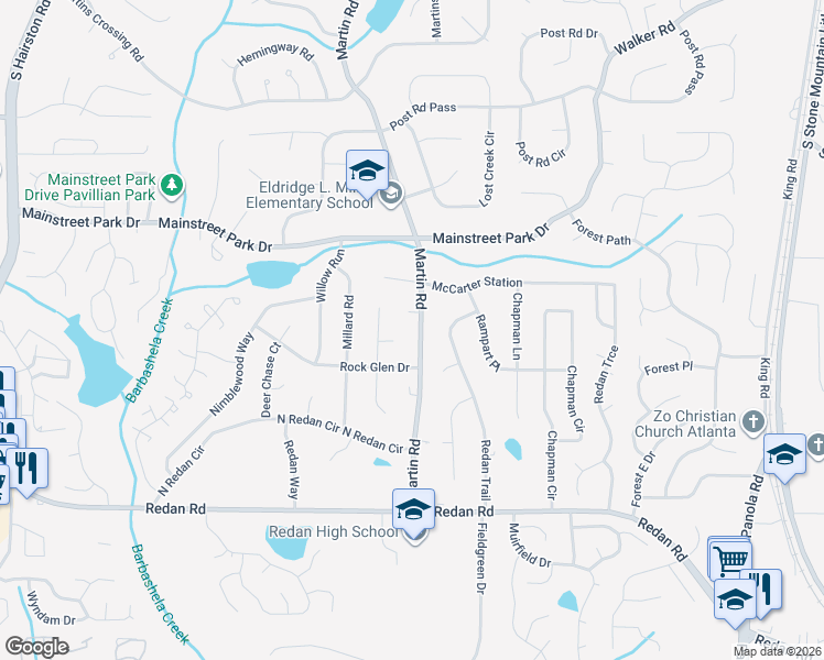 map of restaurants, bars, coffee shops, grocery stores, and more near 1018 Martin Road in Stone Mountain