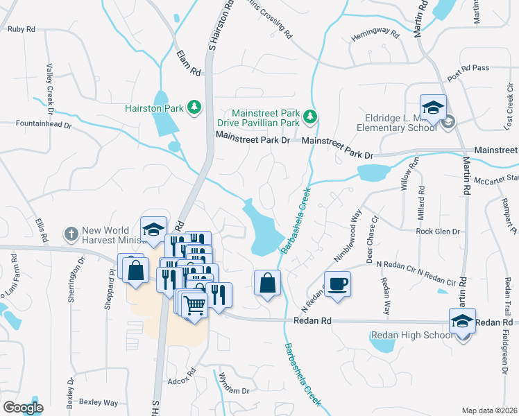 map of restaurants, bars, coffee shops, grocery stores, and more near 1008 Mainstreet Lake Drive in Stone Mountain