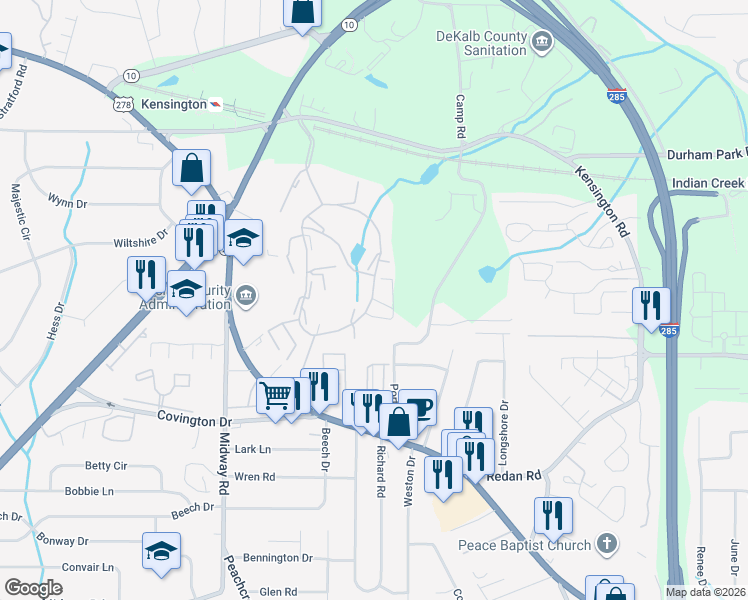 map of restaurants, bars, coffee shops, grocery stores, and more near 3564 East Clubhouse Circle in Decatur