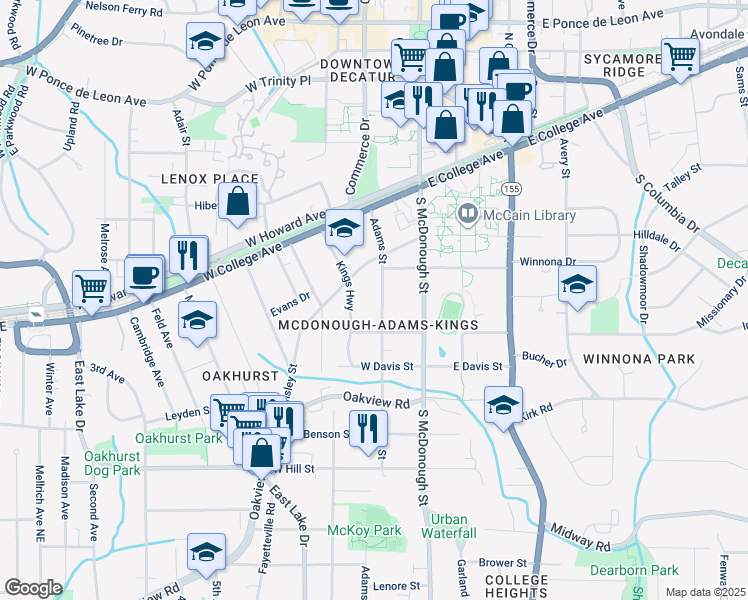 map of restaurants, bars, coffee shops, grocery stores, and more near 349 Adams Street in Decatur