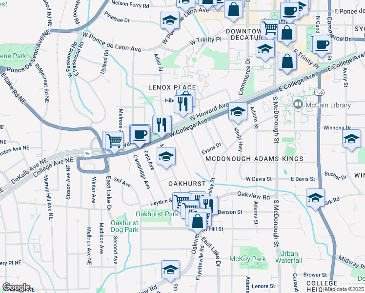 map of restaurants, bars, coffee shops, grocery stores, and more near 132 Olympic Place in Decatur