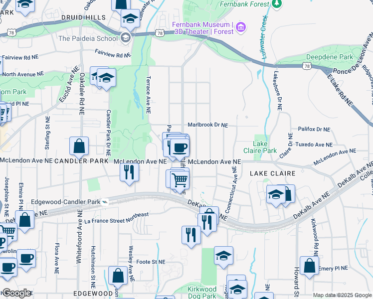 map of restaurants, bars, coffee shops, grocery stores, and more near 431 Clifton Road Northeast in Atlanta