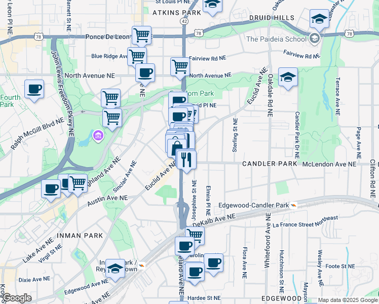 map of restaurants, bars, coffee shops, grocery stores, and more near 1206 McLendon Avenue Northeast in Atlanta