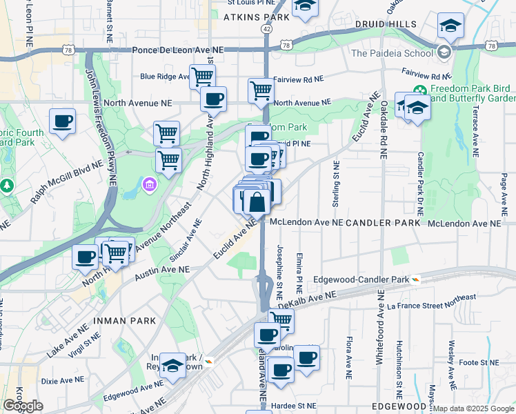 map of restaurants, bars, coffee shops, grocery stores, and more near in Atlanta