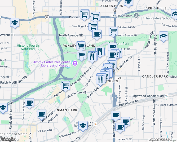 map of restaurants, bars, coffee shops, grocery stores, and more near 1020 Washita Avenue Northeast in Atlanta