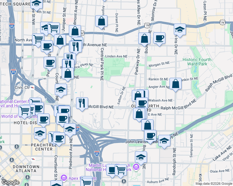 map of restaurants, bars, coffee shops, grocery stores, and more near 386 McGill Place Northeast in Atlanta