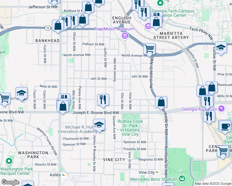 map of restaurants, bars, coffee shops, grocery stores, and more near 381 Sunset Avenue Northwest in Atlanta