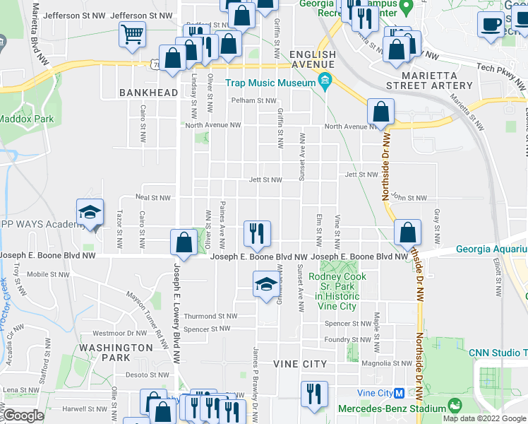 map of restaurants, bars, coffee shops, grocery stores, and more near 403 James P Brawley Drive Northwest in Atlanta
