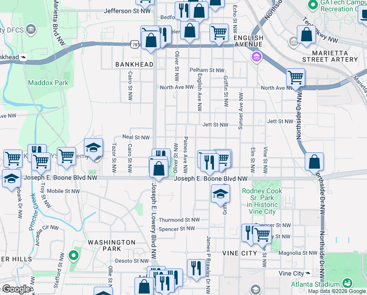 map of restaurants, bars, coffee shops, grocery stores, and more near 857 Proctor Street Northwest in Atlanta