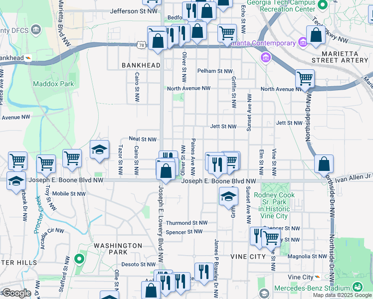 map of restaurants, bars, coffee shops, grocery stores, and more near 405 Oliver Street Northwest in Atlanta